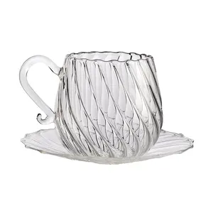 定制透明罗纹硼硅酸盐玻璃耐热玻璃茶杯茶碟套装