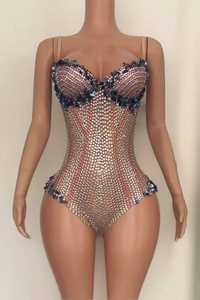 Ocstrade Bling Bodysuits para mujer Stage Wear Glitter Print Rhinestone sin mangas See Through Performance Body Jumpsuit - Product Image 3