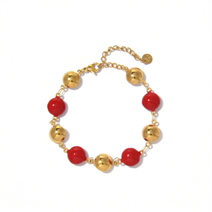 Fashion Beaded <b>Bracelet</b> Gold Plated 316L Stainless Steel <b>Red</b> Beads Sustainable Resistant Jewelry - Product Image 2