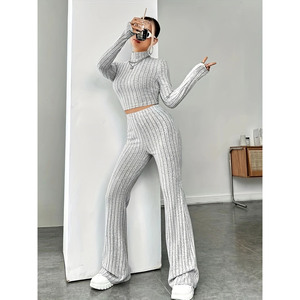 Women's <b>Sweater</b> <b>Set</b> Long Sleeve Crop Top And Wide Leg Pants Solid Color Casual Suit For Autumn Winter Smlxl - Product Image 1