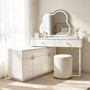 Coiffeuse moderne blanche avec miroir LED Cloud, meuble de rangement et tabouret pour chambre à coucher - Product Image 4