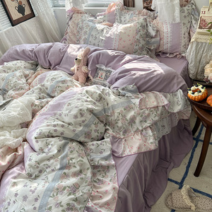 Korean Version Pure Cotton Bedding <strong>Set</strong> Four Piece <strong>Rustic</strong> Lace Brushed <strong>Bed</strong> Skirt Sheet Sheet Pillowcase Duvet Cover <strong>Sets</strong> - Product Image 6