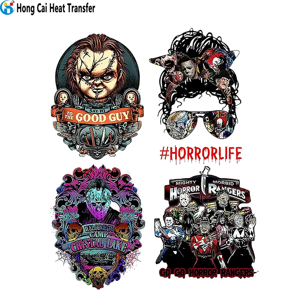 Hongcai 2023 baru film horor halloween pembunuh cetak layar transfer stiker cetak transfer dtf desain halloween untuk pakaian