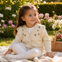 Kardigan Kancing Kerah Ruffle Bordir Bunga untuk Anak Perempuan dengan Detail Mutiara, Sweater Anak Custom OEM Pabrik