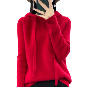 2025 fábrica al por mayor 100% suéter de punto de lana para mujer Color sólido con capucha logotipo frontal primavera Fondo chica diseño - Product Image 1