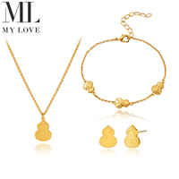 Mylove Ensemble de bijoux gourde en laiton plaqué or 18 carats, sans nickel, comprenant collier, boucles d'oreilles et bracelet martelé, pour mariage, vente en gros