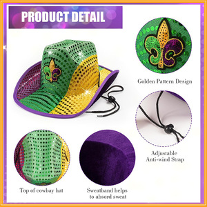 Sombrero de Disfraz de Vaquero de Mardi Gras con Lentejuelas Brillantes de Color Morado, Verde <span class=keywords><strong>y</strong></span> Dorado con Luces LED - Product Image 3