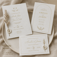 Invitation de mariage botanique vintage personnalisée, illustration délicate de fleurs séchées avec estampage à chaud
