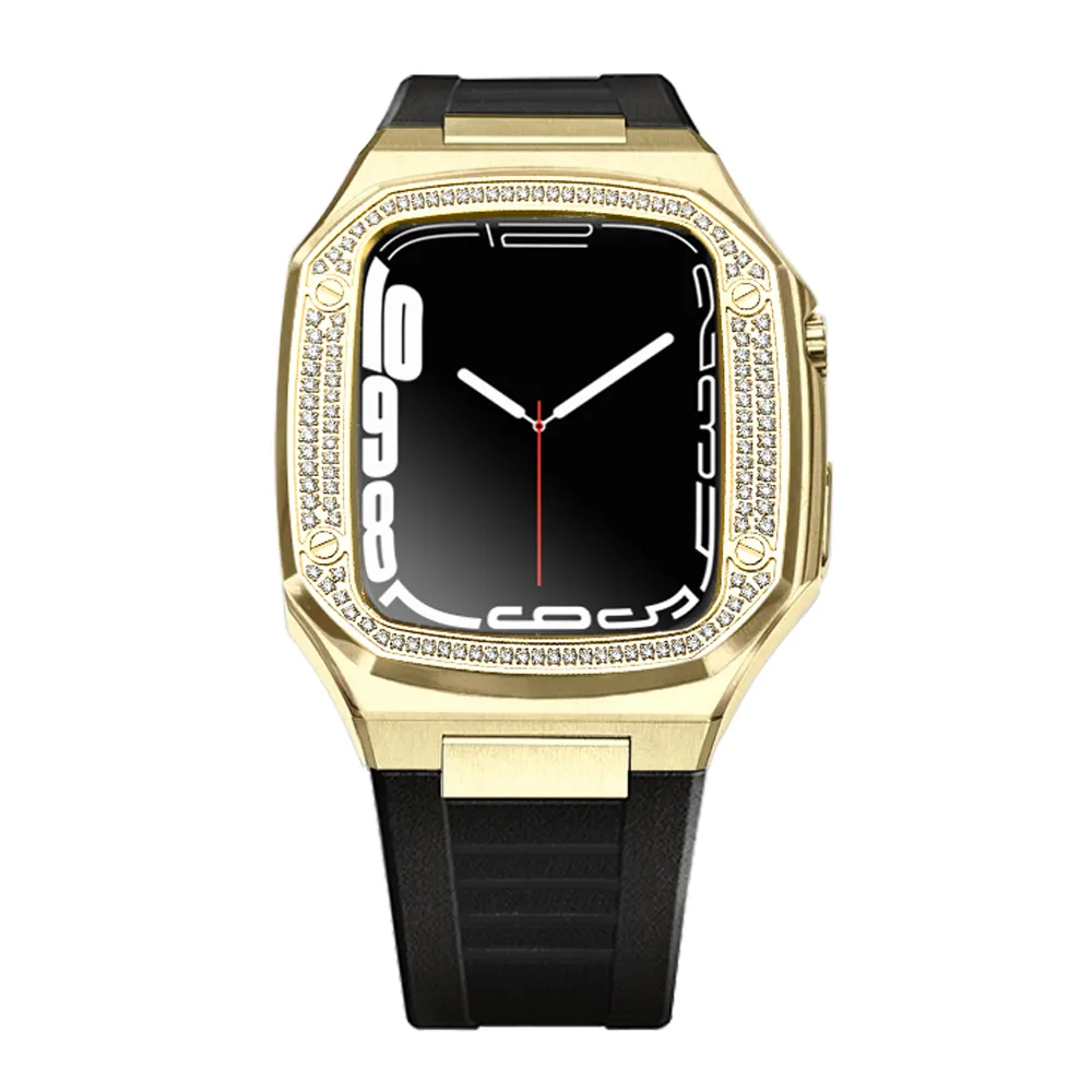 Permata Berlian Casing Baja Tahan Karat Jam Modifikasi untuk Apple Watch 44Mm 45Mm Tali Silikon Karet untuk Apple Watch 7 6 5