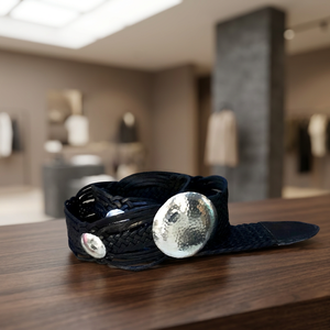 Ceinture en cuir véritable tressée avec conchos argentés, style classique, unisexe, design tissé noir - Product Image 1