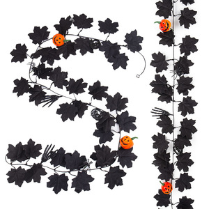 Guirnalda de hojas de arce artificiales de Halloween, hojas negras con calabazas y manos de esqueleto para decoración del hogar y uso en exteriores. - Product Image 1