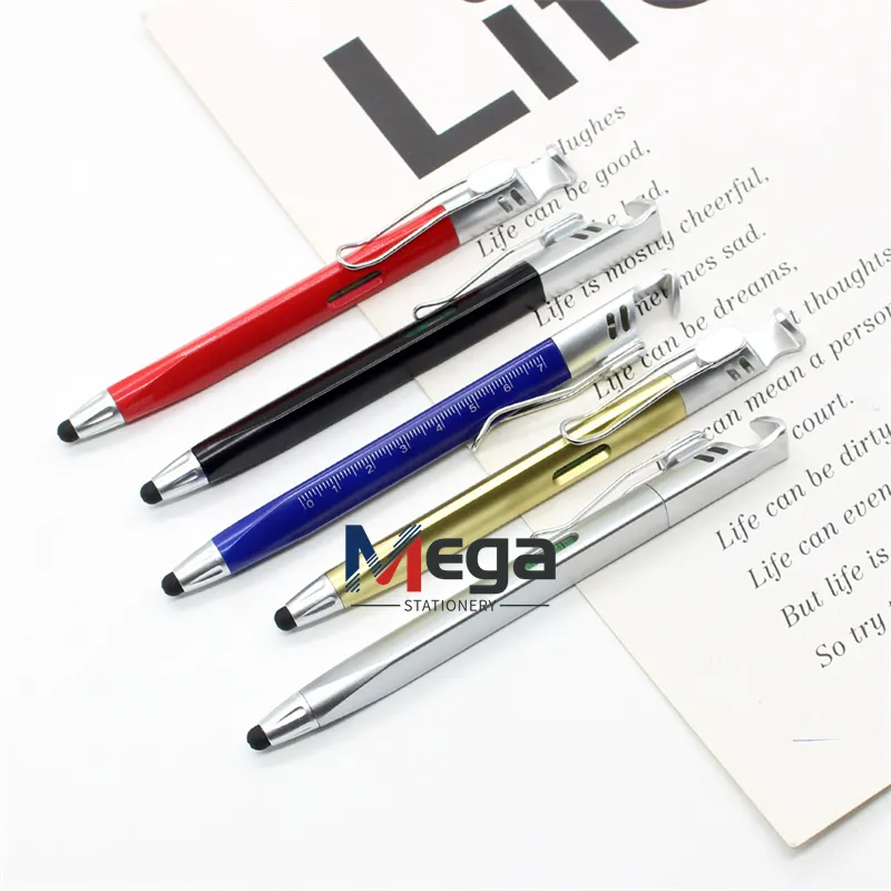 MEGA wholesale Phone Holder Triangle Shape Touch Pen Scale Tool Pen Promotion Gift 5 in 1 Multi Functional pen with gradienter