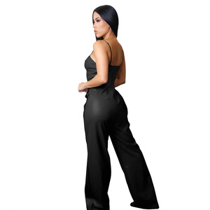 AJ4479 Fornitura Transfrontaliera <span class=keywords><strong>Tuta</strong></span> Estiva da <span class=keywords><strong>Donna</strong></span> <span class=keywords><strong>in</strong></span> Ecopelle con Perline Senza Maniche Gamba Larga Lunghezza Intera Vita Media - Product Image 3