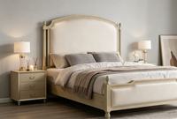 Lit de rangement de luxe réglable de qualité supérieure, taille Queen, en bois clair, avec tête de lit capitonnée beige et sculptée en arche, assemblé