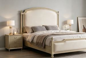 Premium Queen Size Light Wood Spindle <b>Bed</b> With Beige Upholstered Arched Carved Headboard For French Country Bedroom - Product Image 5