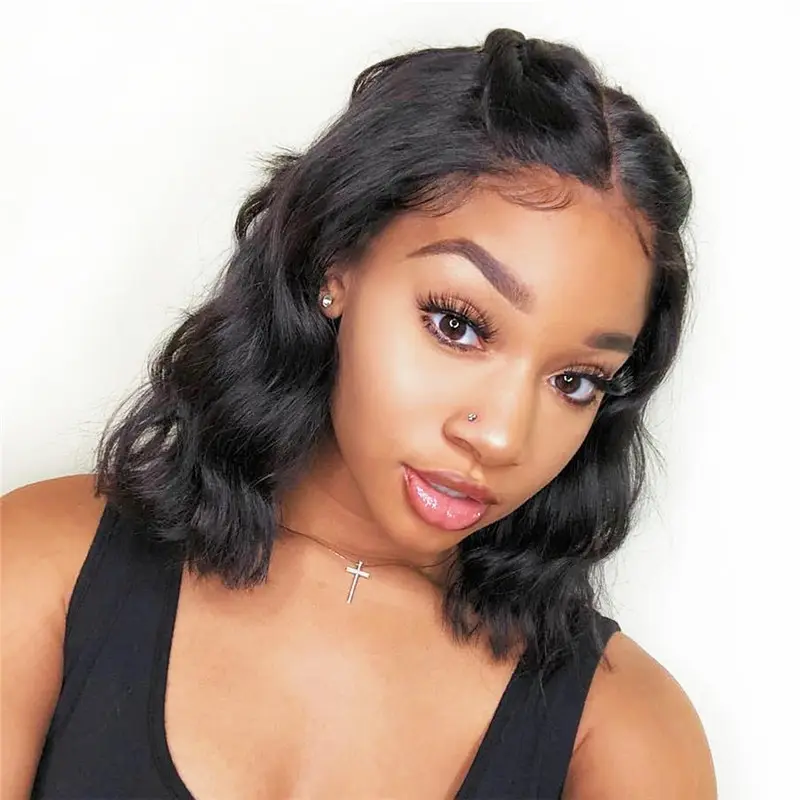 Body Wave Lace Front Bob Wig 8 10 12 14 Inch 100% Brazilian Remy Hair Natural Black With Baby HairためAfrican American Women
