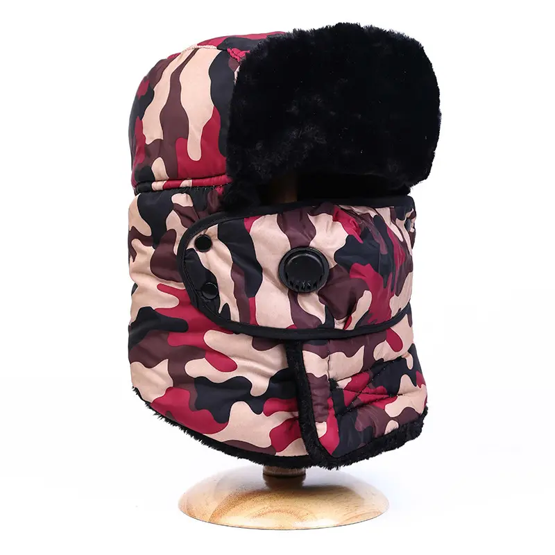 Wool Motorcycle Riding Cagoule Face Lei Feng Hat Camouflage Faux Fur Winter Ski Mask Cold-Proof Trapper Hat Ears Flaps Cap