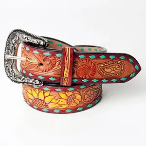 Cinturones tallados en cuero de girasol hechos a mano disponibles en todos los tamaños, diseño occidental, estilo vintage de moda occidental bohemio