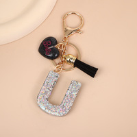 Porte-clés photo numérique de luxe avec pendentif cœur noir à sequins argentés en alliage premium et pompon, best-seller, breloque de sac