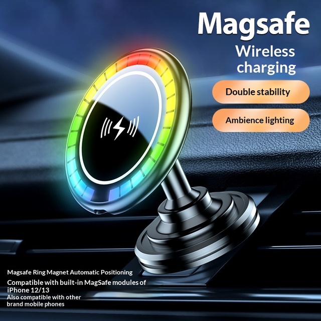 Car Strong Magnetic Magsafe Suction Wireless Charging High-End Mobile Phone Bracket Atmosphere Light Navigation Music Model D28