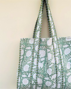 Cotton Quilted Floral Block Print Eco-Friendly Handmade <b>Boho</b> Tote <b>Bag</b> Zipper Closure for Summer Autumn Winter Travel Shopping - Product Image 2