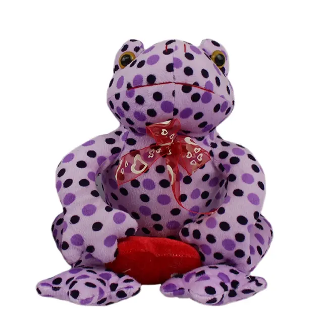Custom Lovely Soft Animal Doll Stuffed Toy Purple Spotted Frog Plush Toy with Red Heart and Scarf