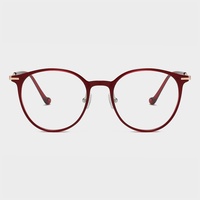 Monture de lunettes ronde transparente rouge bordeaux tendance avec coins en métal doré, légères, pour femmes, anti-lumière bleue