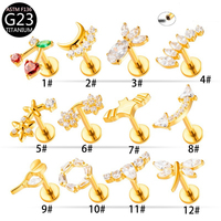 Anting-anting tindik titanium zircon G23, stud tulang telinga, bagian belakang datar, ulir dalam, anting-anting, perhiasan tindik tubuh