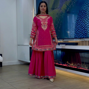 Conjunto de Salwar Kameez Rosa Bordado para Mujer, con Dupatta Pesada, Adorno Floral y Cuentas, de Secado Rápido, Ideal para Bodas y Festivales - Product Image 1