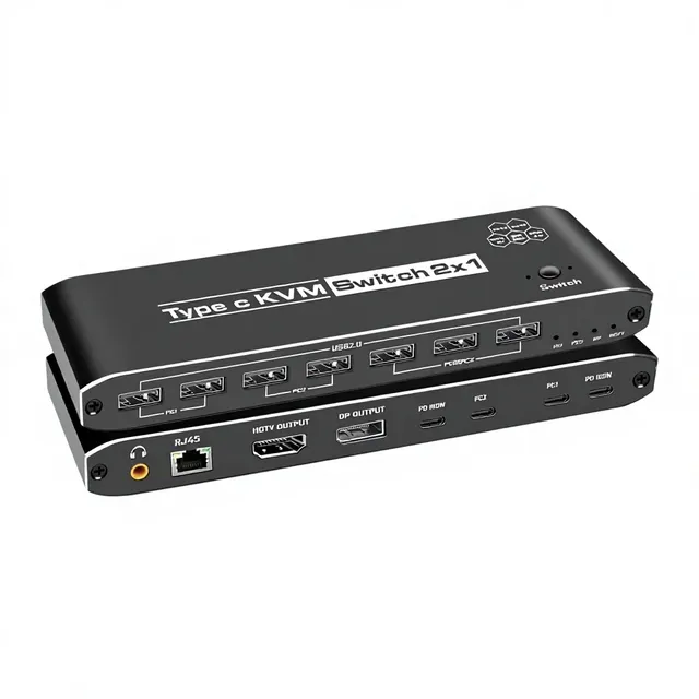 Type-C KVM Switch with PD Network Transmission 4K60Hz Resolution Metal Construction-2 Hosts Share One Set of Key Mouse/monitor