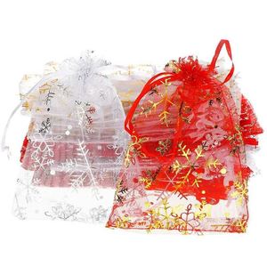 Sacs en organza flocon de neige en vrac 10x15cm, sacs en maille à cordon pour l'hiver, pochettes cadeaux transparentes pour les fêtes d'hiver, emballage de bonbons de Noël - Product Image 1