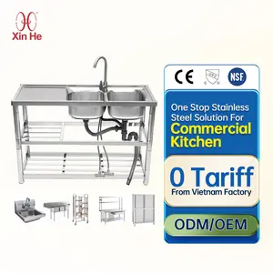 Height Adjustable Movable Catering Equipment Stainless Steel Restaurant Working Table With Sink