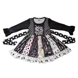 Discount Baby Girl Dress Black Poker Polka Dot Print Round Neck Pleated Lace Long Sleeve Tie Dress