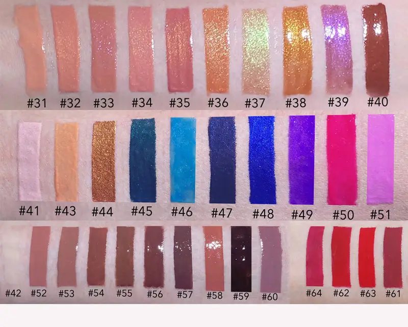 64 farben shinny finish glitter blau rosa farbe blau lila nass feuchtigkeit formel weiß matt flüssiger lippenstift kein logo lippenöl