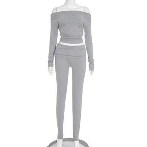 Viviblook J25ST264 Women's Casual Sports Yoga Fitness Set <b>off</b> <b>Shoulder</b> <b>Long</b> <b>Sleeved</b> High Waisted Tight Pants Two-piece Set - Product Image 3
