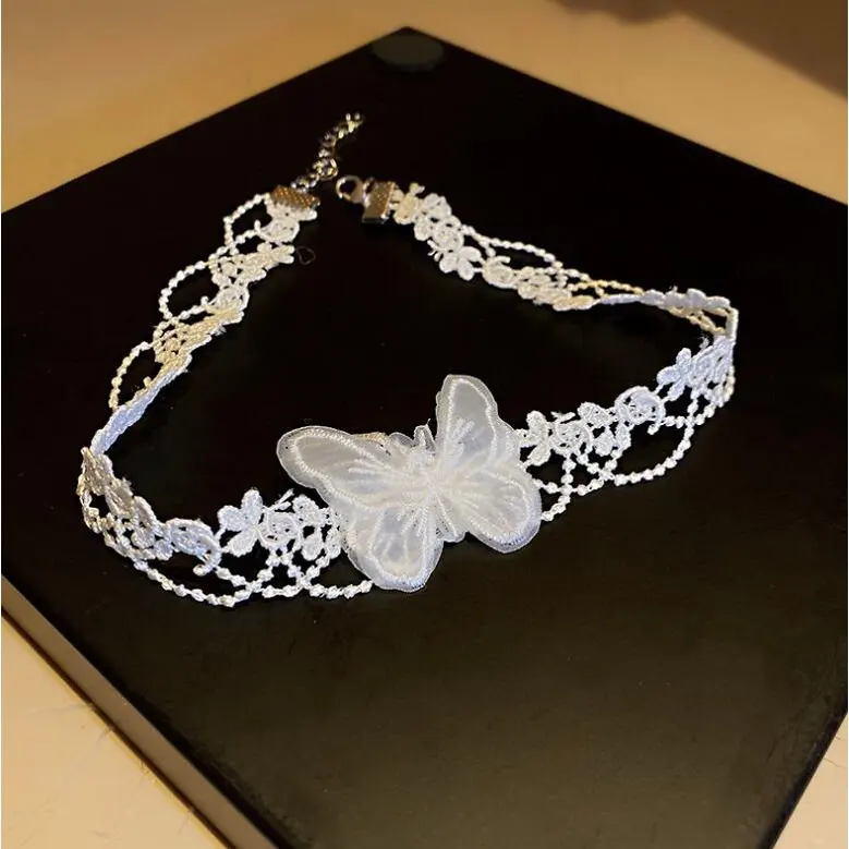 Korean Style White Lace Gauze Short Choker Necklaces for Women Girls Simple Butterfly Necklace Evening Party Accessories