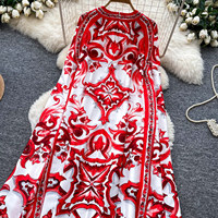 Gaun Maxi Kasual Wanita Elegan Merah Putih Bermotif A-Line Lengan Panjang untuk Pakaian Sehari-hari dan Liburan