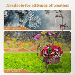 Bagno per uccelli in metallo da giardino con fiore fioriera piedistallo solare per uccelli antico bagno di rame con luce a stringa solare - Product Image 5