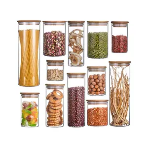 Stackable Sealed Kitchen Canisters Clear Glass Food Storage Jars Containers with Airtight Leakproof Bamboo Lid for Pasta, Nuts