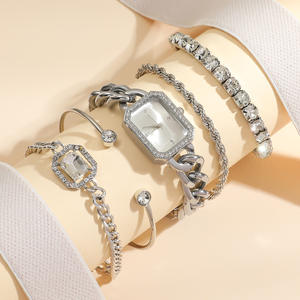 उन्नत डायमंड-एनक्रस्टेड लक्जरी क्वार्ट्ज घड़ी सेट 5 पीसी मिश्र धातु स्टील बैंड और केस ग्लास फेस - Product Image 5