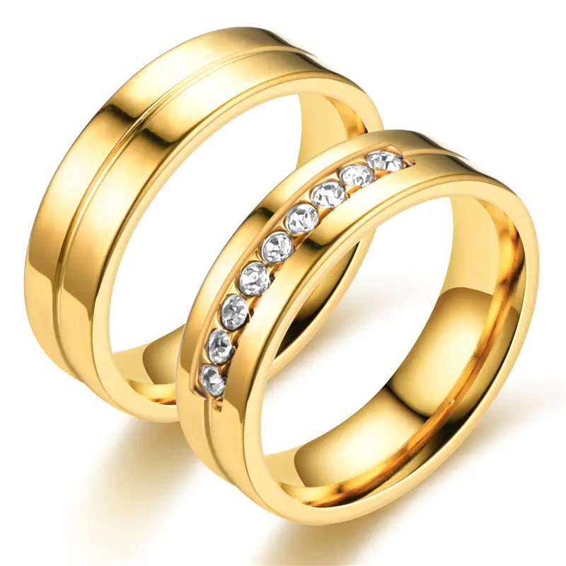 Wholesale One Pair Stainless Steel Ring High Quality Gold Plated Inlaid Diamond 6MM Couple Rings