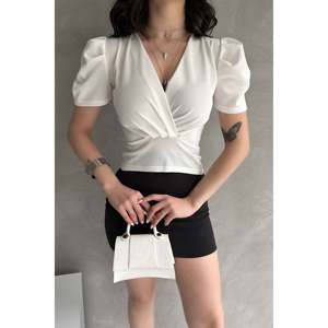 DEFILE Women's Stylish <b>Black</b> <b>Wrap</b> Collar Puff Sleeve Crepe Blouse, Polyester-Lycra Blend, Available in S-XL - Product Image 1