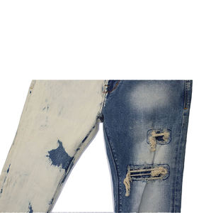Jean délavé bicolore pour homme, pantalon en denim contrastant clair et foncé, avec empiècements en maille respirante, effet usé et déchiré, style décontracté - Product Image 6