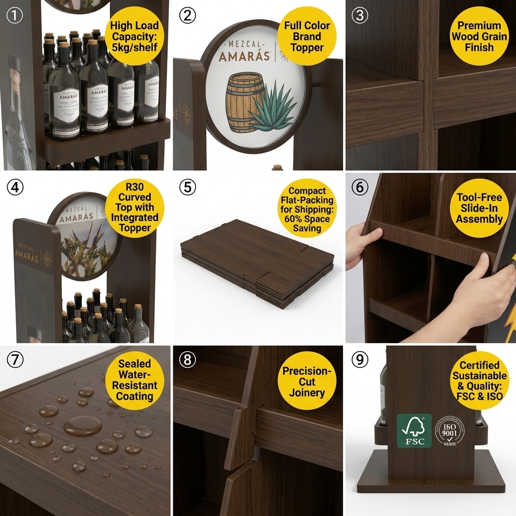 Wholesale Luxury Wooden Wine Display Rack Floor Standing Spirits Merchandiser Craft Distillery Liquor Shelf Cocktail Bar Fixture — view 5