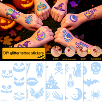 Stiker Tato Temporer Bubuk Glitter OEM Kustom Motif Tengkorak Kelelawar Labu untuk Seni Tubuh DIY Halloween Grosir