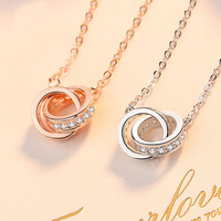 Simple Mode Populaire Femmes Platine/Or Rose 925 Argent Sterling Deux Cercle Double Anneaux Connectés Bijoux Pendentif Collier