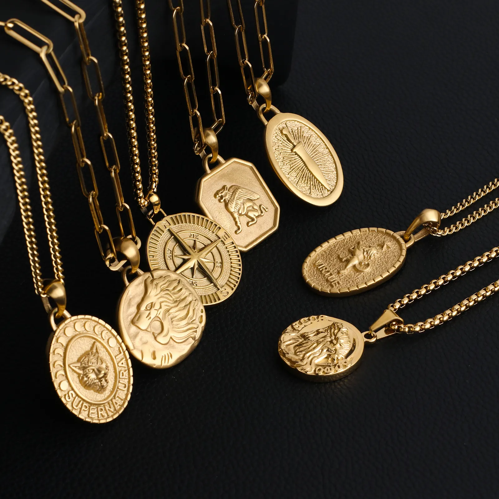 Pendant Necklace Men Jewelry Greek Amulet Medallion 18K Gold Stainless Steel Animal Sword Wolf Lion Compass Jesus Coin Charm Pendant Necklace For Men