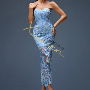 MF Bling Elegant tail Evening Ladys Clothing Sexy Off the Shoulder Sequin Mesh Floral Blue Long Casual Dresses - Product Image 1