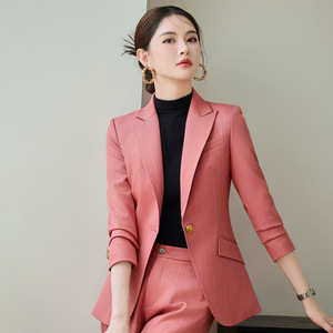 Women's 2025 Pink Striped Suit Set Two Piece Anti-Wrinkle Professional Wear - Product Image 4