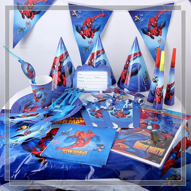 YOT Spiderman Pesta Ulang Tahun Tema Dekorasi Kertas Piring Piala Serbet Banner/Bendera Jerami Set Peralatan Makan Bayi Shower Perlengkapan Pesta